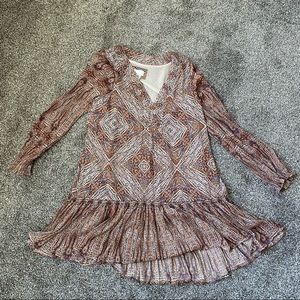 M by Anthropologie long sleeve dress. Cream/orange/purple w/ ruffle hem